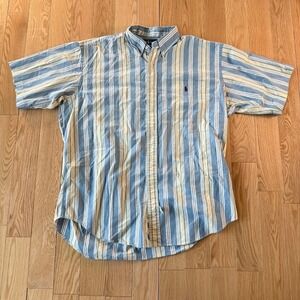 Vntg Polo Ralph Lauren Blue White Yellow Striped Button Down Short Sleeve Mens L